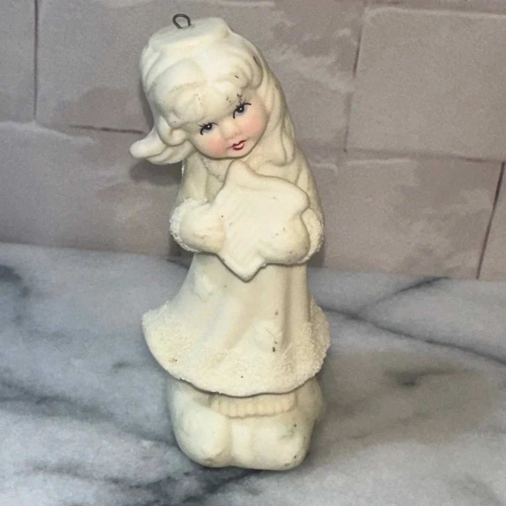 Vintage Ceramic Angel Girl Figurine Harp Christmas Ornament White Textured 4in